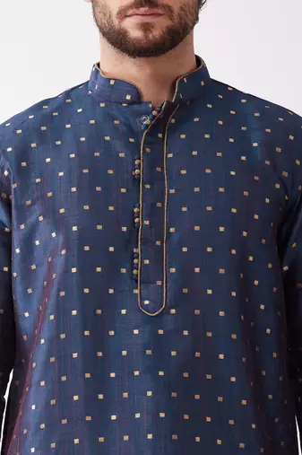 Blue And Gold Silk Blend Kurta And Dhoti Set