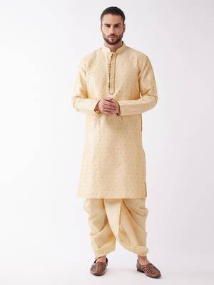 Beige And Gold Silk Blend Kurta And Dhoti Set 1