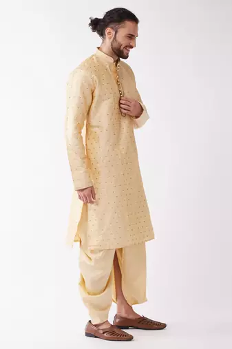 Beige And Gold Silk Blend Kurta And Dhoti Set