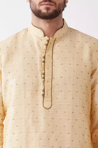 Beige And Gold Silk Blend Kurta And Dhoti Set