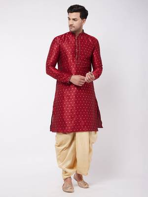 Maroon And Gold Silk Blend Kurta And Dhoti Set 1