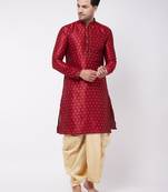 Maroon And Gold Silk Blend Kurta And Dhoti Set