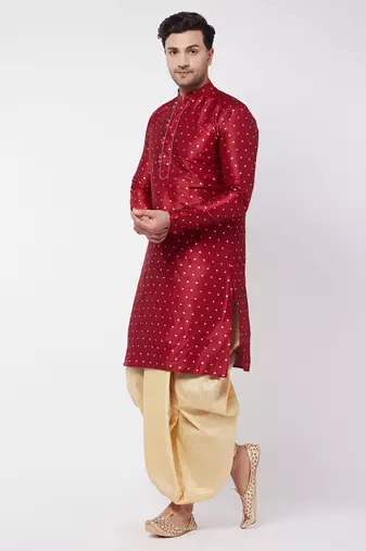 Maroon And Gold Silk Blend Kurta And Dhoti Set