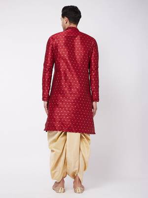 Maroon And Gold Silk Blend Kurta And Dhoti Set 3