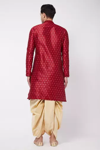 Maroon And Gold Silk Blend Kurta And Dhoti Set
