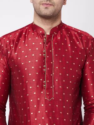 Maroon And Gold Silk Blend Kurta And Dhoti Set 4