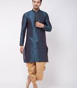 Blue And Rose Gold Silk Blend Kurta And Dhoti Set