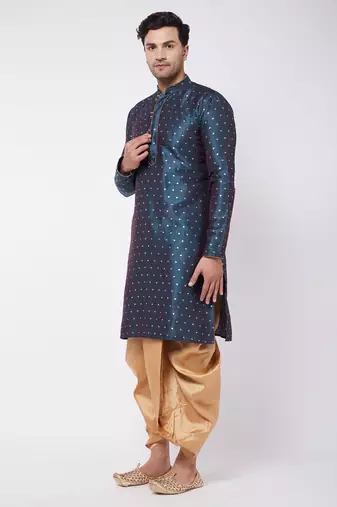 Blue And Rose Gold Silk Blend Kurta And Dhoti Set