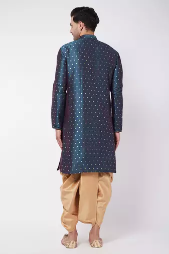 Blue And Rose Gold Silk Blend Kurta And Dhoti Set