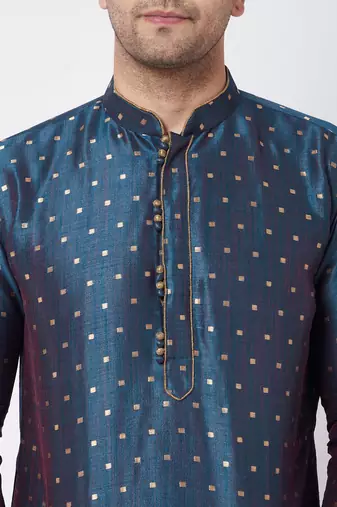 Blue And Rose Gold Silk Blend Kurta And Dhoti Set