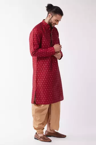 Maroon And Rose Gold Silk Blend Kurta And Dhoti Set