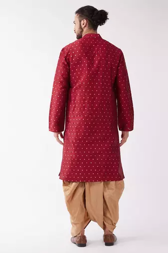 Maroon And Rose Gold Silk Blend Kurta And Dhoti Set