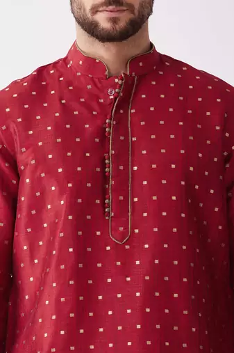Maroon And Rose Gold Silk Blend Kurta And Dhoti Set