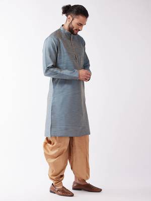 Aqua Blue And Rose Gold Silk Blend Kurta And Dhoti Set 2