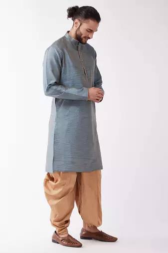 Aqua Blue And Rose Gold Silk Blend Kurta And Dhoti Set