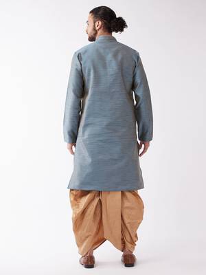 Aqua Blue And Rose Gold Silk Blend Kurta And Dhoti Set 3
