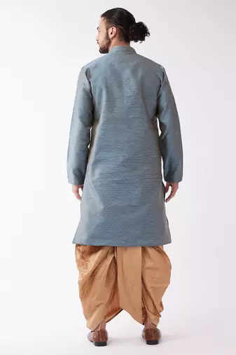 Aqua Blue And Rose Gold Silk Blend Kurta And Dhoti Set