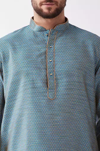 Aqua Blue And Rose Gold Silk Blend Kurta And Dhoti Set