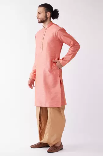 Pink And Rose Gold Silk Blend Kurta And Dhoti Set