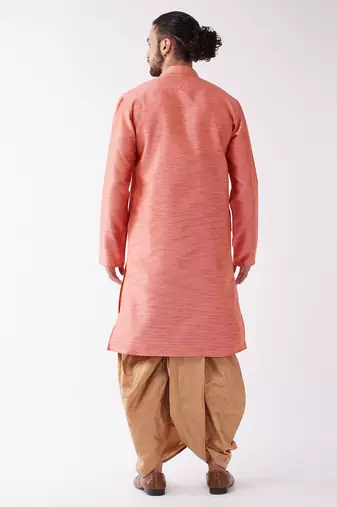 Pink And Rose Gold Silk Blend Kurta And Dhoti Set