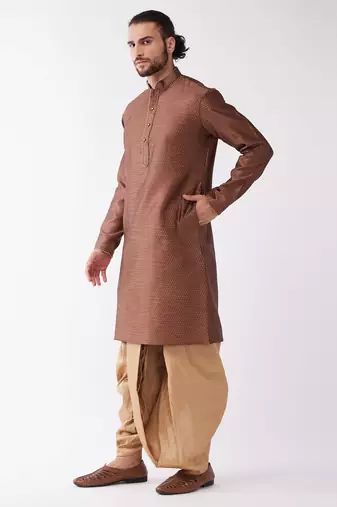 Maroon And Rose Gold Silk Blend Kurta And Dhoti Set