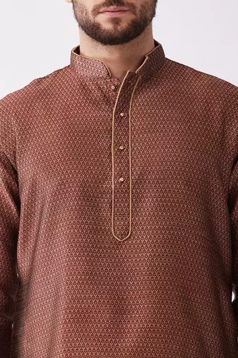 Maroon And Rose Gold Silk Blend Kurta And Dhoti Set