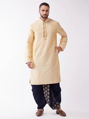 Beige And Navy Blue Silk Blend Kurta And Dhoti Set 1