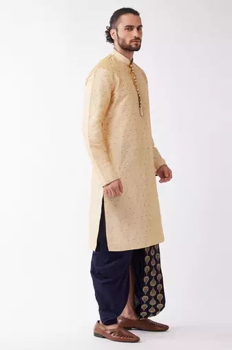 Beige And Navy Blue Silk Blend Kurta And Dhoti Set