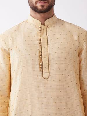 Beige And Navy Blue Silk Blend Kurta And Dhoti Set 4