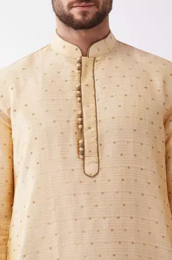 Beige And Navy Blue Silk Blend Kurta And Dhoti Set