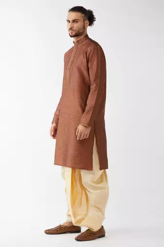 Maroon And Gold Silk Blend Kurta And Dhoti Set
