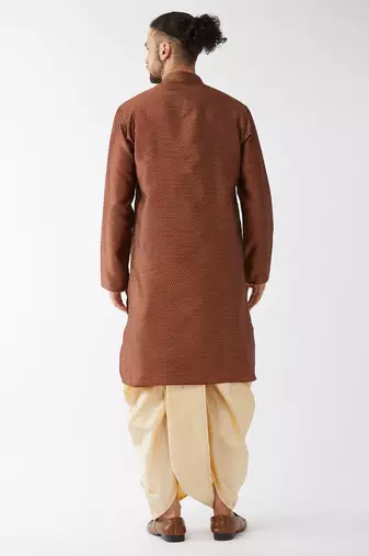 Maroon And Gold Silk Blend Kurta And Dhoti Set