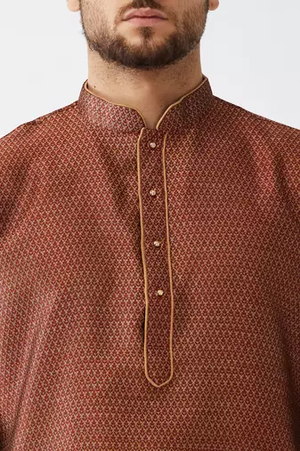 Maroon And Gold Silk Blend Kurta And Dhoti Set