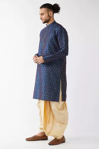 Blue And Gold Silk Blend Kurta And Dhoti Set