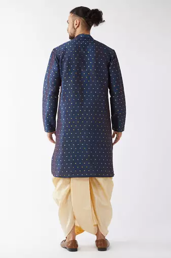 Blue And Gold Silk Blend Kurta And Dhoti Set
