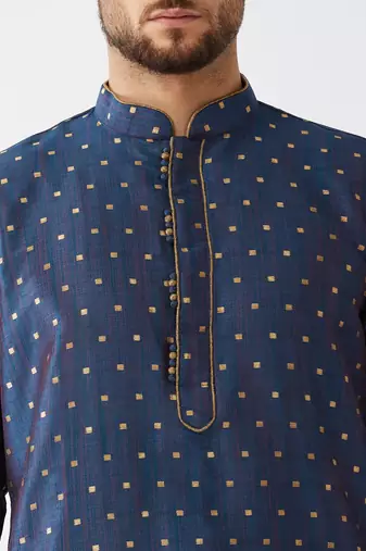 Blue And Gold Silk Blend Kurta And Dhoti Set