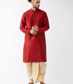 Maroon And Gold Silk Blend Kurta And Dhoti Set