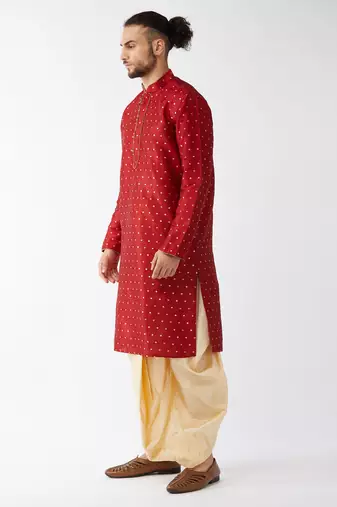 Maroon And Gold Silk Blend Kurta And Dhoti Set