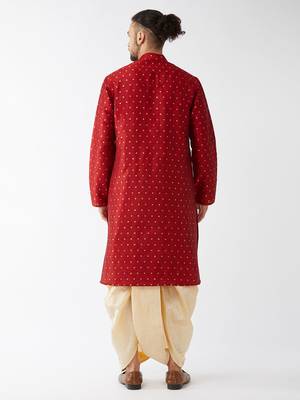 Maroon And Gold Silk Blend Kurta And Dhoti Set 3