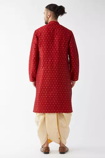 Maroon And Gold Silk Blend Kurta And Dhoti Set