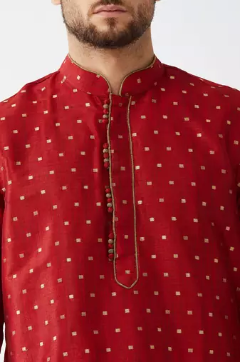 Maroon And Gold Silk Blend Kurta And Dhoti Set