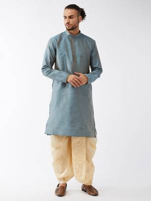 Aqua Blue And Gold Silk Blend Kurta And Dhoti Set 1