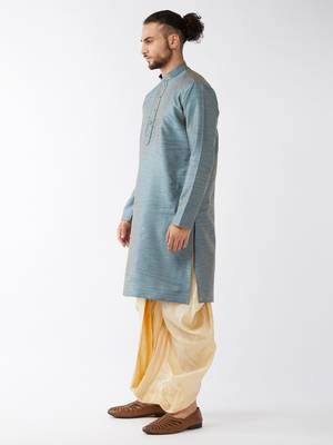 Aqua Blue And Gold Silk Blend Kurta And Dhoti Set 2