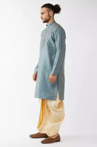 Aqua Blue And Gold Silk Blend Kurta And Dhoti Set
