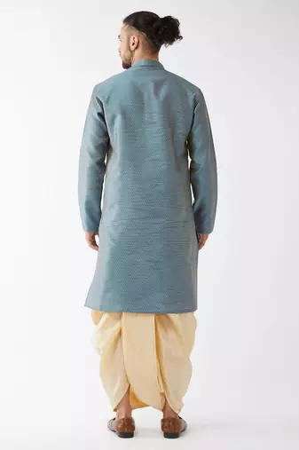 Aqua Blue And Gold Silk Blend Kurta And Dhoti Set