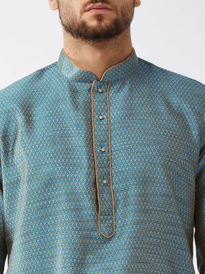 Aqua Blue And Gold Silk Blend Kurta And Dhoti Set 4