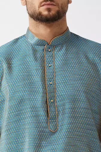 Aqua Blue And Gold Silk Blend Kurta And Dhoti Set