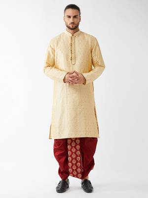 Men'S Beige And Maroon Silk Blend Kurta And Dhoti Set 1