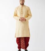 Men'S Beige And Maroon Silk Blend Kurta And Dhoti Set