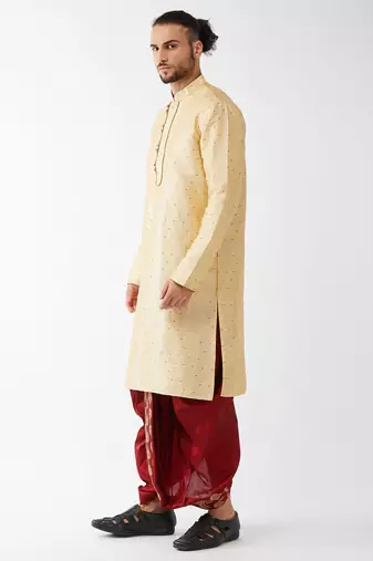 Men'S Beige And Maroon Silk Blend Kurta And Dhoti Set